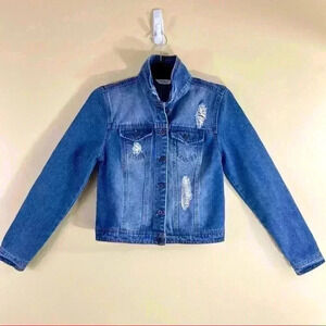 HIGHWAY JEANS Med Wash Distressed Denim Trucker Jean Jacket Size S